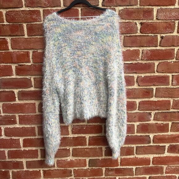 Free People Womens V-Neck Fuzzy Eyelash Knit Sweater oversized Multicolor XS - Picture 7 of 8